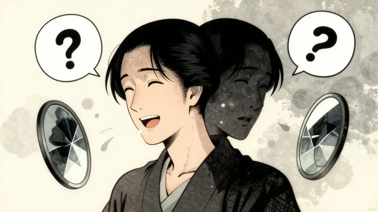 Symbolický obraz vnitřního rozkole a zmatku při psychické manipulaci.