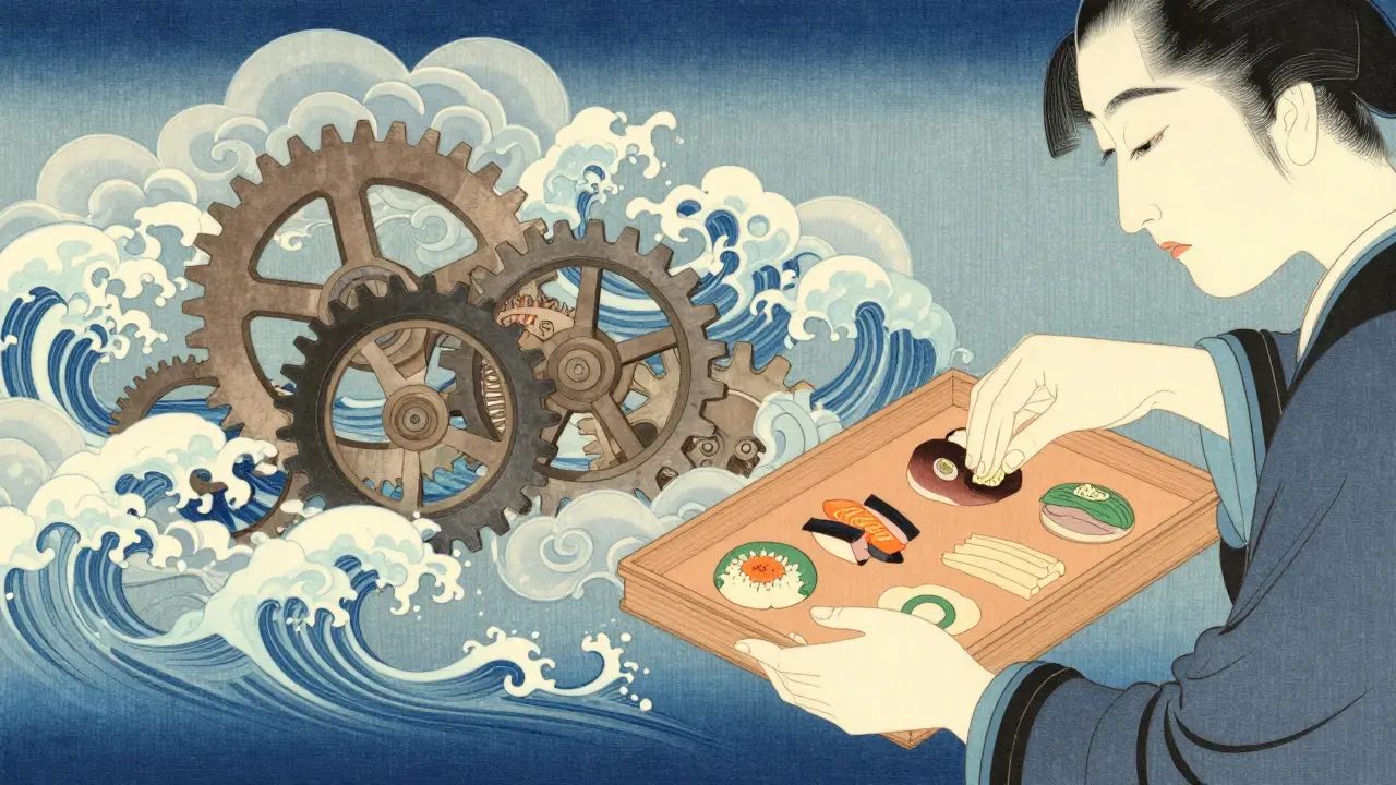 Ukiyo-e obraz rituálního uspořádání jídla symbolizující potřebu kontroly a OCD.