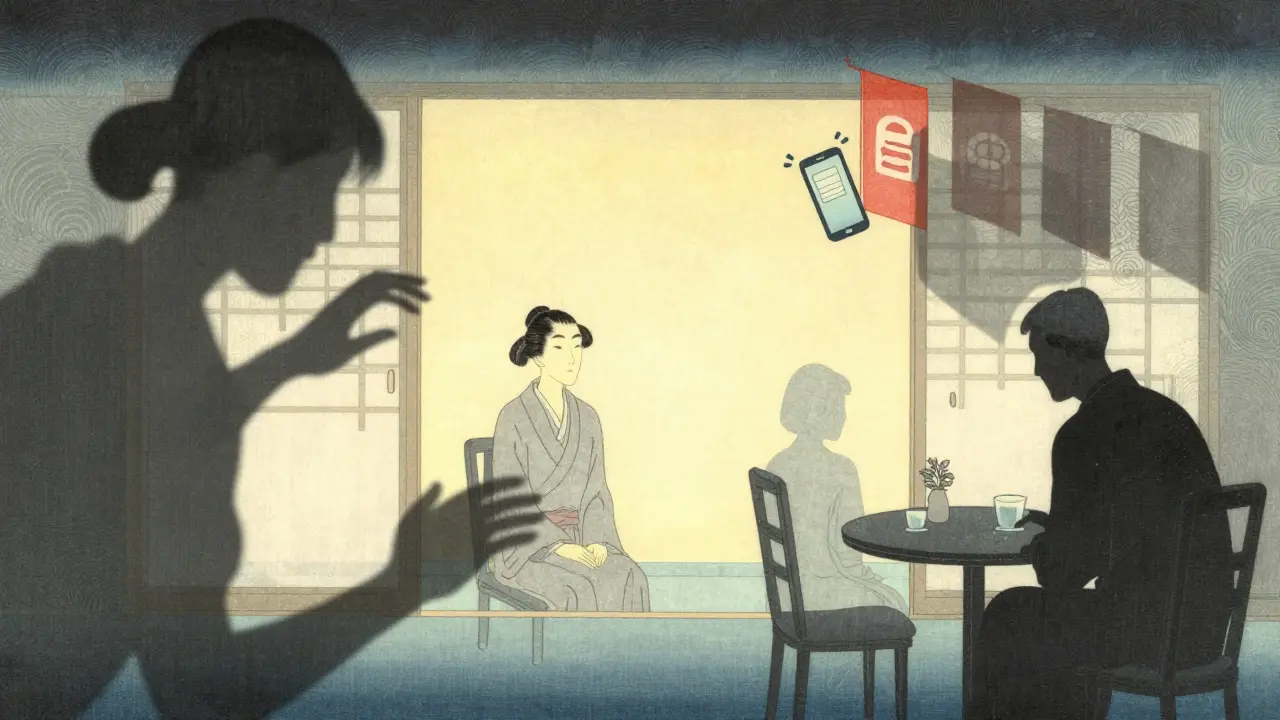 Abstraktní ilustrace červených vlajek porušování hranic, jako je nevhodný kontakt nebo sociální sítě, ve stylu ukiyo-e.