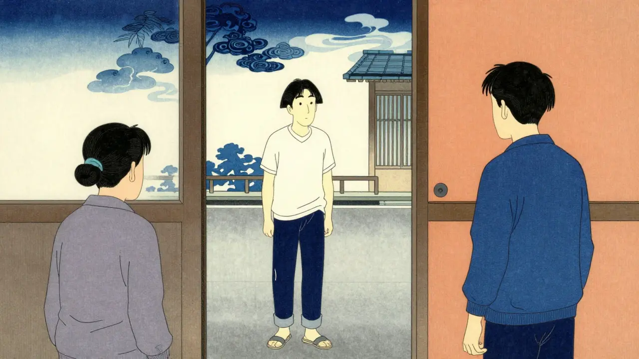 Člověk dělá malé sociální kroky ve dveřích, styl ukiyo-e