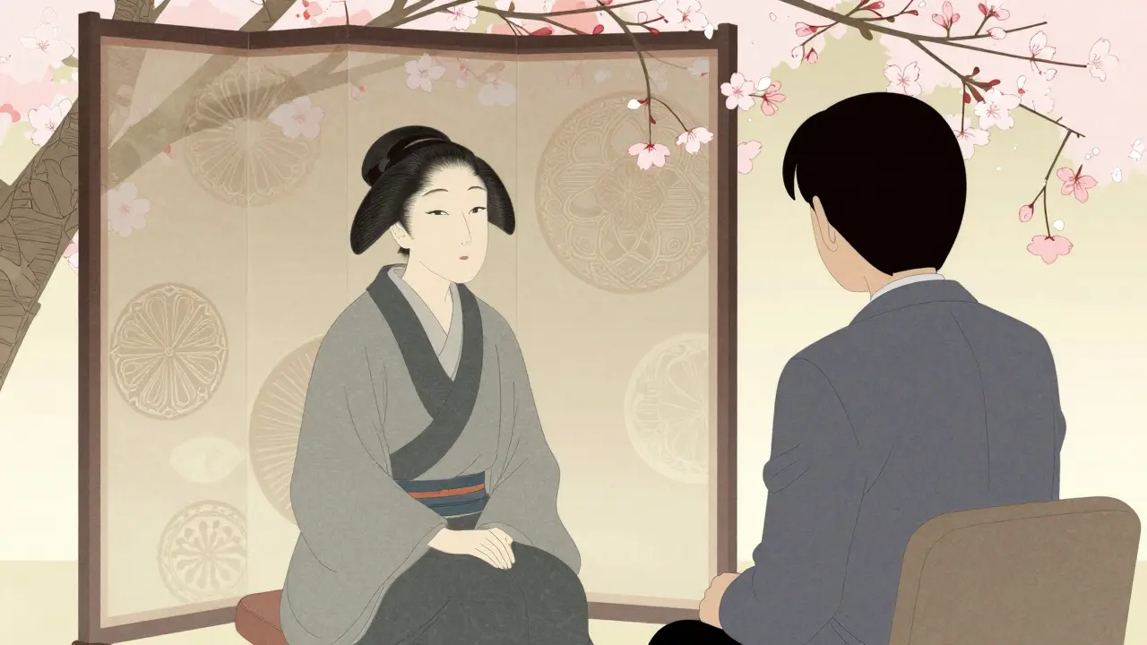 Ilustrace: anonymní konzultace s terapeutem ve stylu ukijo-e