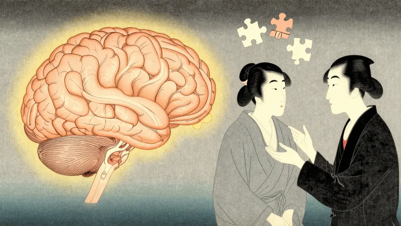 Ilustrace mozku s vyváženými neurony a terapie, symbolizující synergii léčby ADHD.