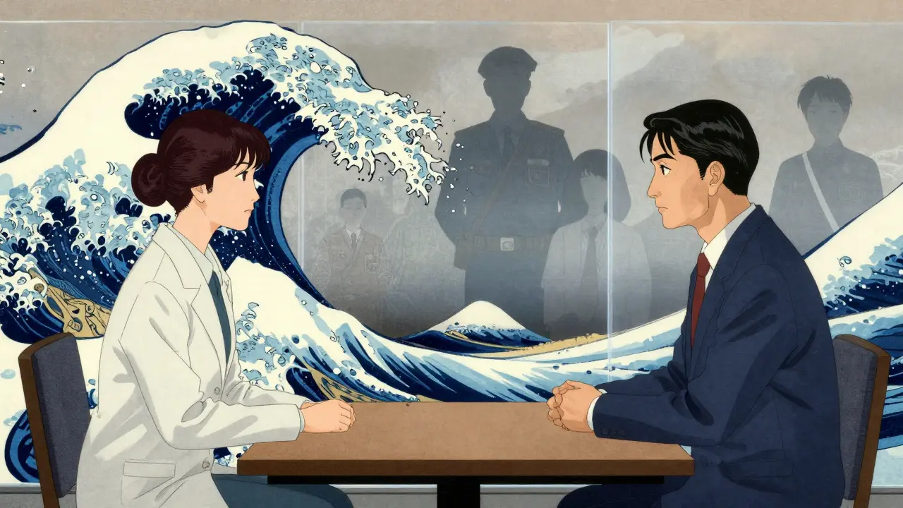 Konceptuální ilustrace hranic důvěrnosti mezi terapeutem a klientem s průhlednou bariérou ve stylu Ukiyo-e.