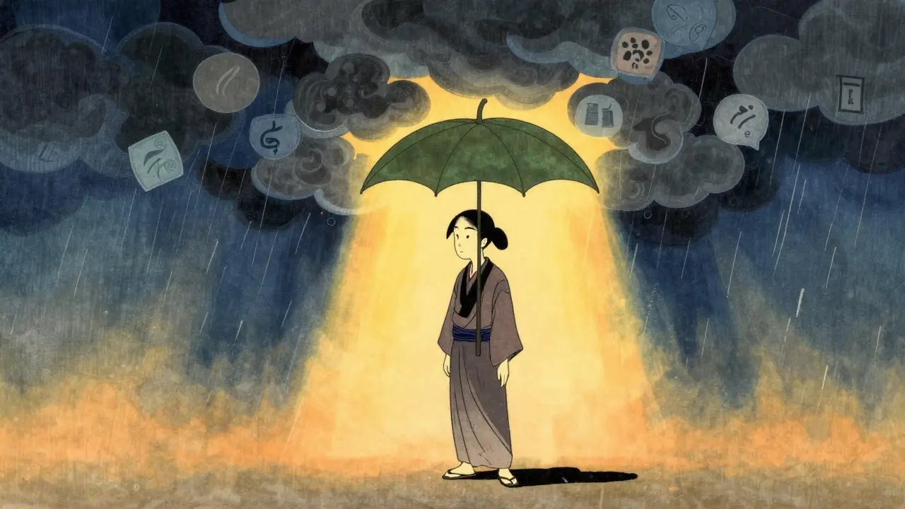 Kresba inspirovaná ukiyo-e ukazující figuru chráněnou před bouří symbolizující přijetí a empatii terapeuta.