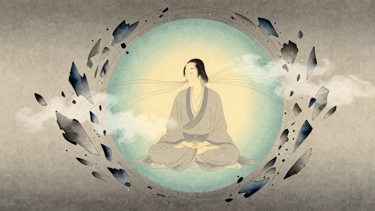 Kresba znázorňuje kontrolu dechu a uklidnění dušnosti pomocí meditativní techniky.