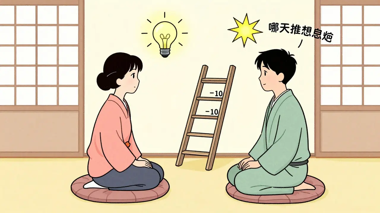 Kreslená scéna terapie s vizuálními metaforami pro řešení problémů ve stylu ukiyo-e.