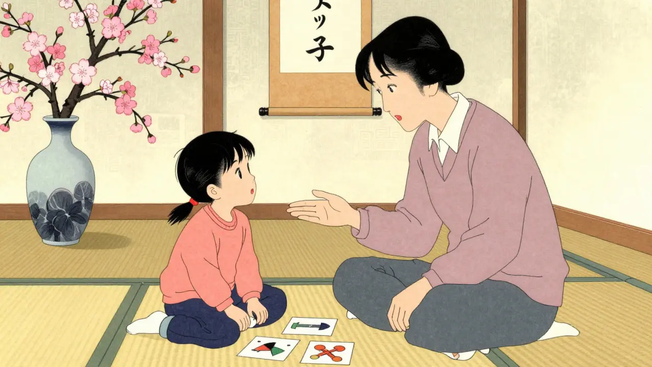 Rodič a dítě při logopedické terapii s vizuálními pomůckami ve stylu japonské ilustrace.