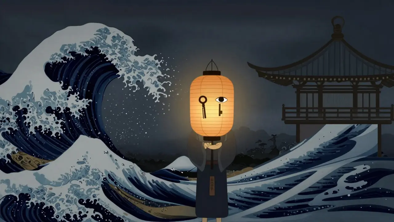 Stylizovaná scéna ukiyo-e: rovnováha mezi krizí a bezpečnostními protokoly