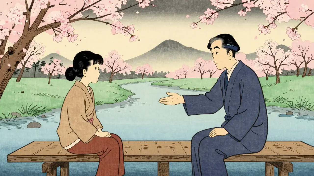 Terapeut a pacient na mostě z prkna v ilustraci ukiyo-e