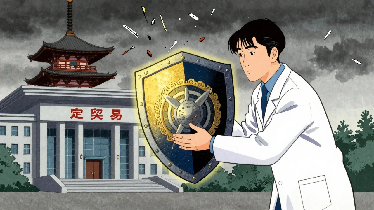 Terapeut drží štít symbolizující profesní pojištění a nové regulace v uměleckém stylu Ukiyo-e.