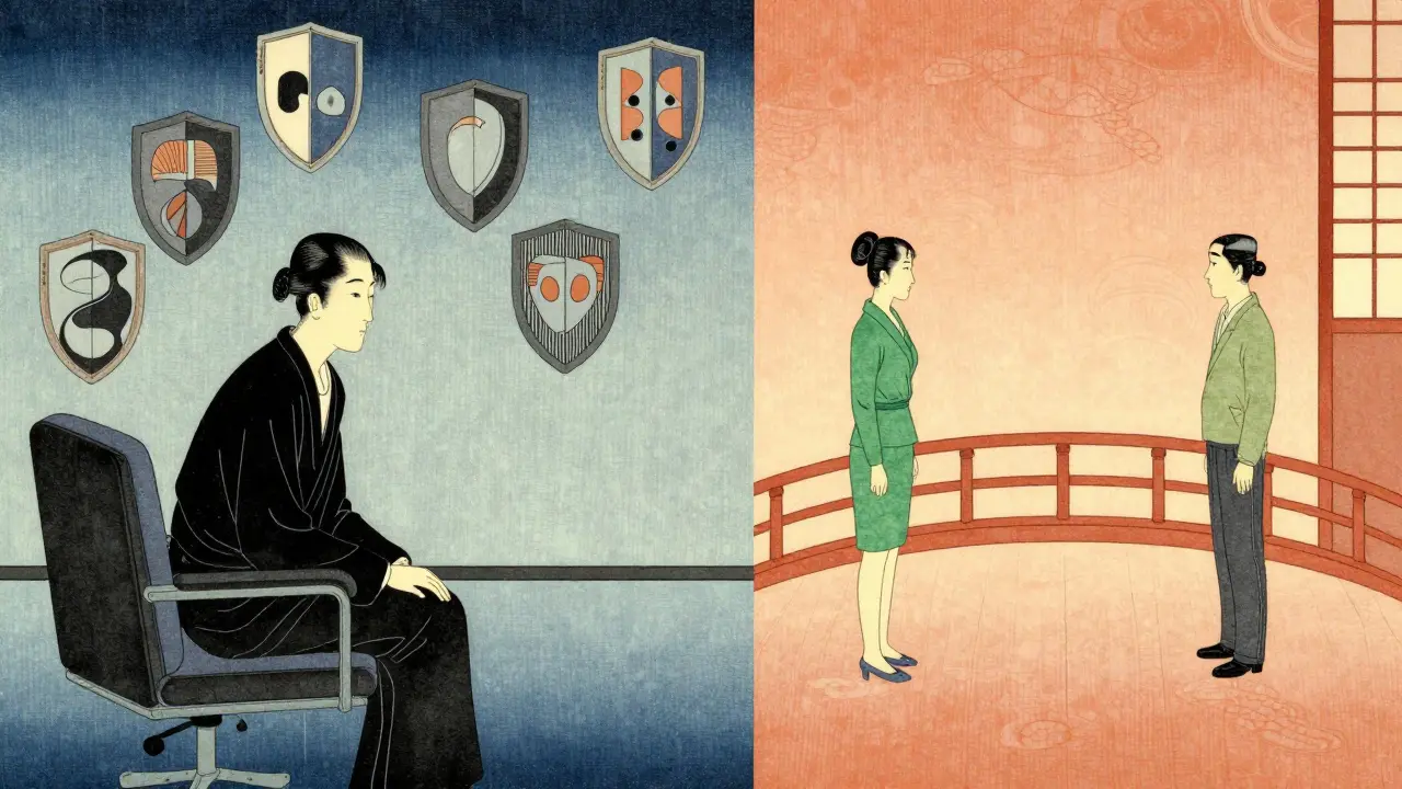 Ukiyo-e kresba rozdělená scény: obranné mechanismy versus důvěra v terapeutickém vztahu.