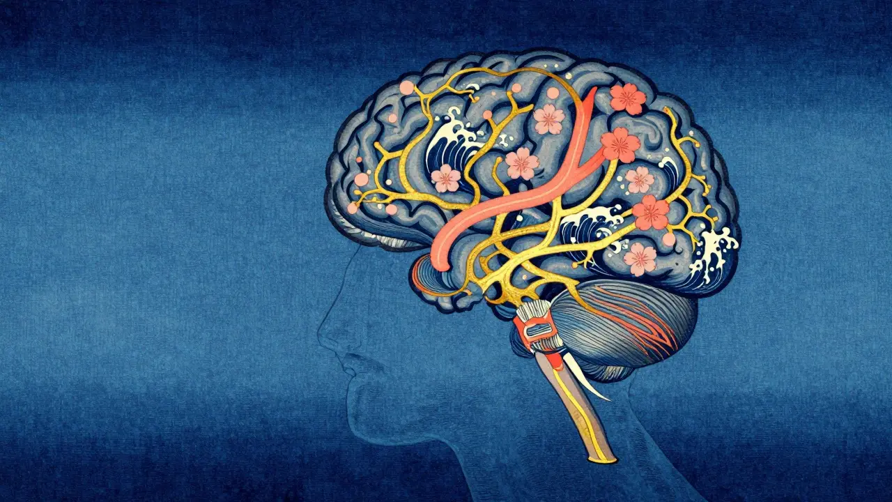 Abstraktní mozek s květinovými vzory, zobrazující neurochemii naděje.