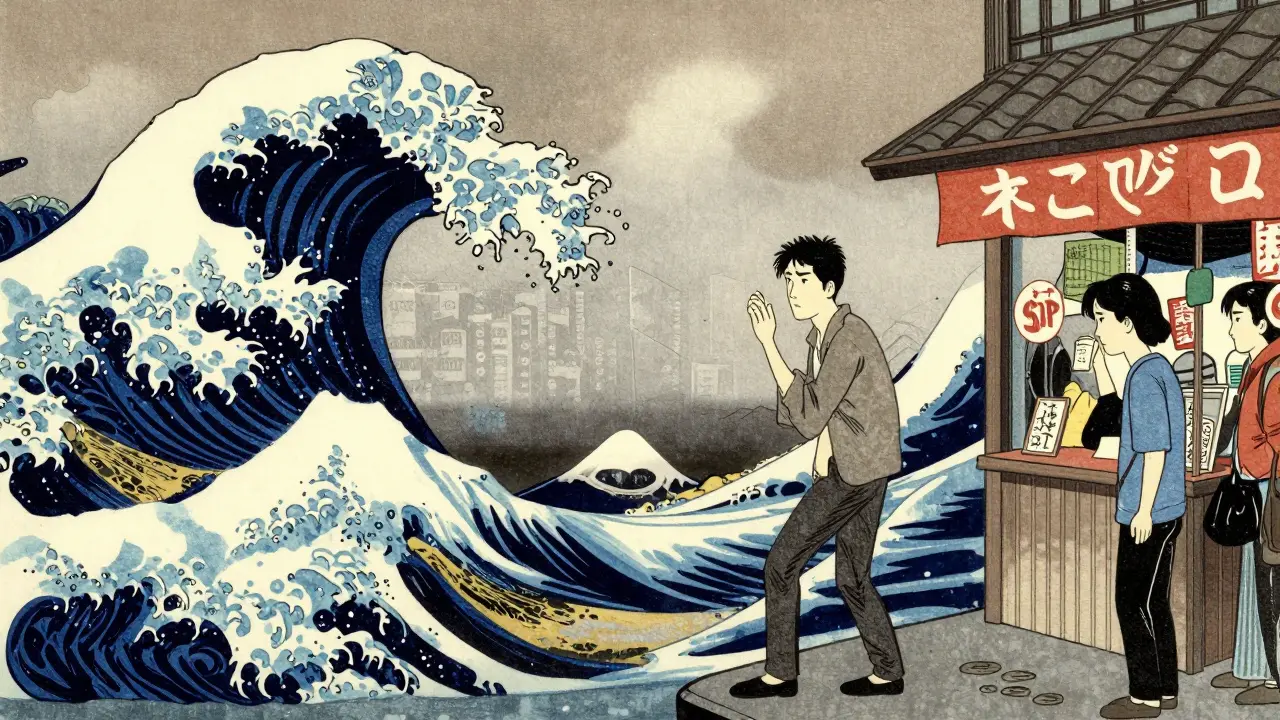 Člověk čelící úzkosti při behaviorálním experimentu ve městě v stylu Ukiyo-e.