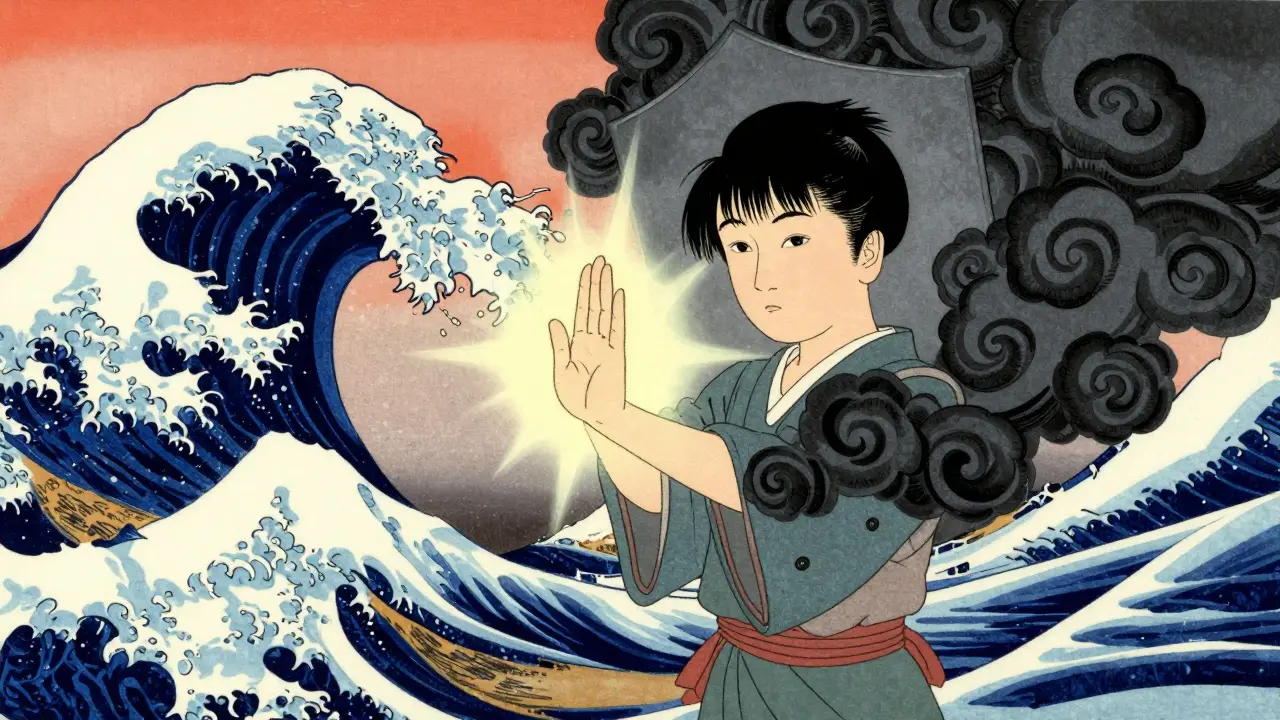 Dítě chrání své hranice před tlakem ve stylu ukiyo-e