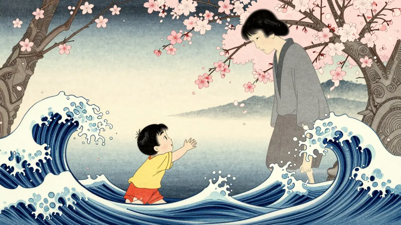 Dítě sahající po dospělé, vlny emocí, styl ukiyo-e