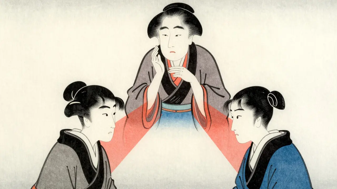 Ilustrace triangulace v rodinné terapii, styl japonské grafiky
