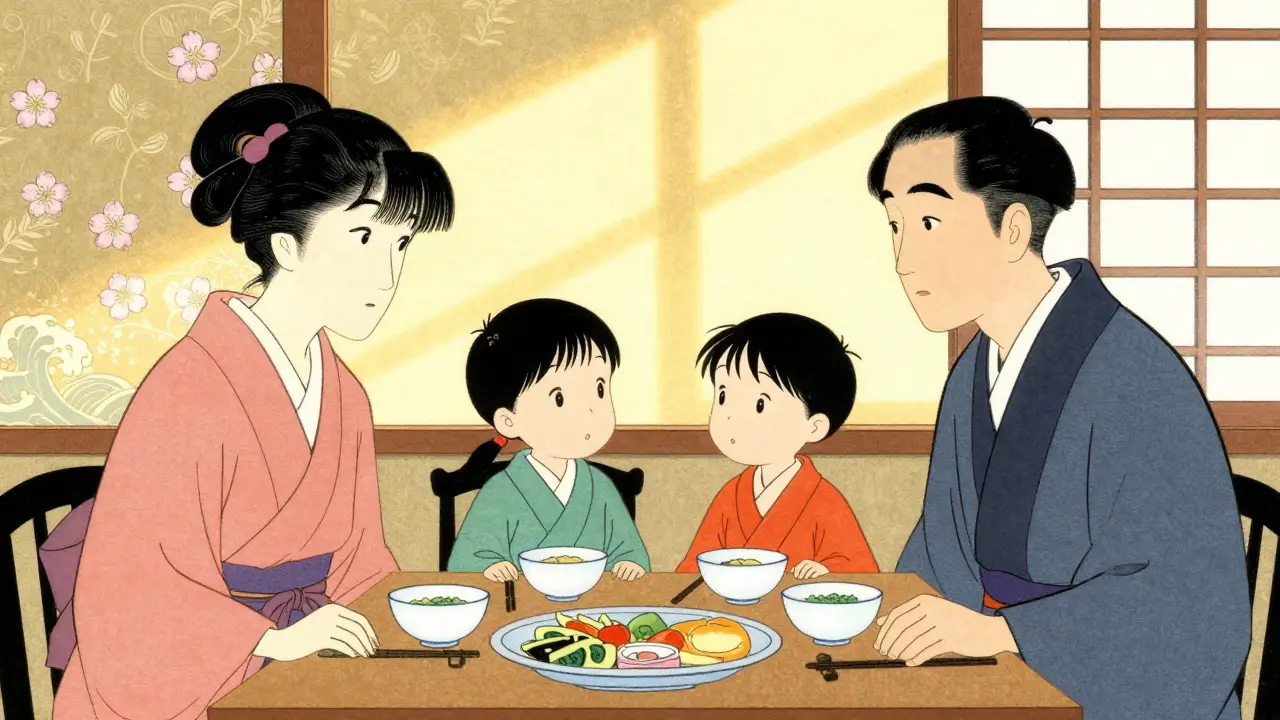 Rodina při otevřené komunikaci u stolu, styl ukiyo-e