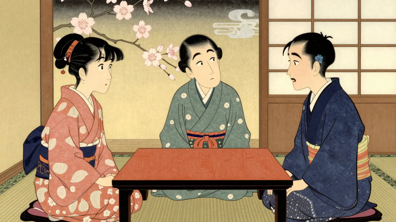 Rodinná podpora při léčbě PPP vyjádřená v karikatuře inspirované japonským uměním