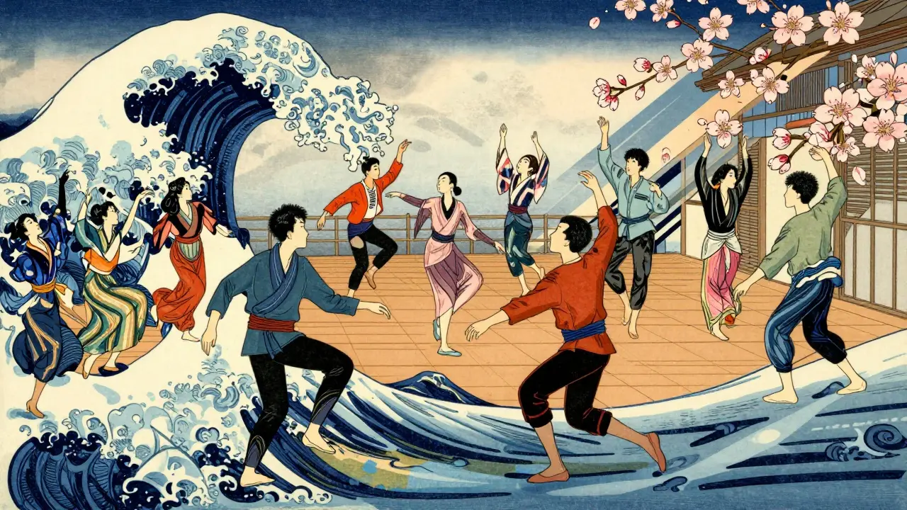 Skupinová taneční terapie zobrazená dynamickou ilustrací v japonském stylu