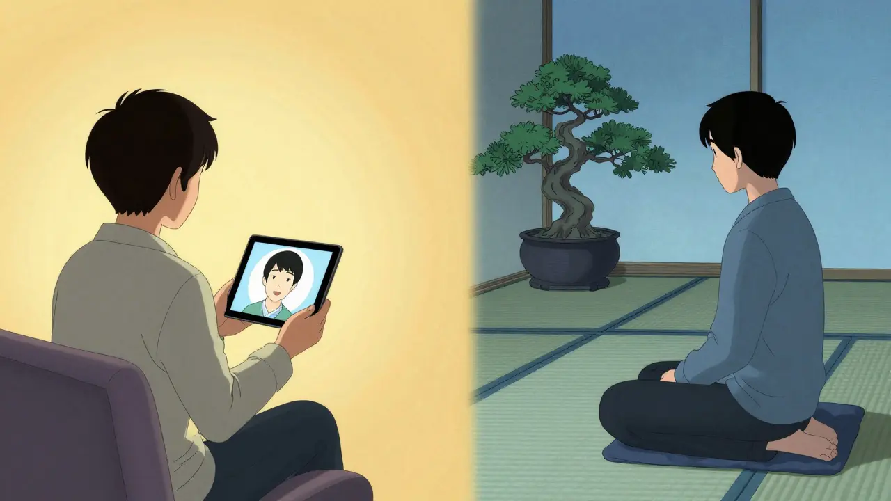 Srovnání online a osobní terapie v ukiyo-e stylu