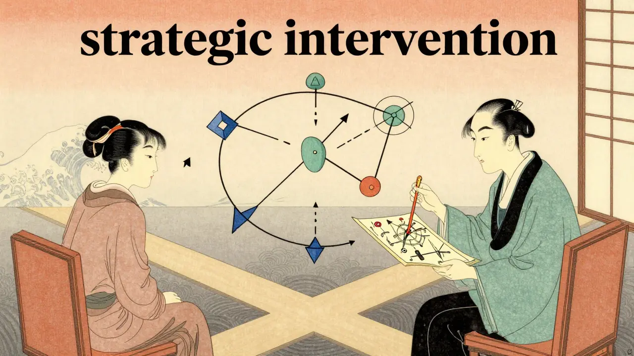 Terapeut a klient mapují strategii chování v ilustraci inspirované Japonskem