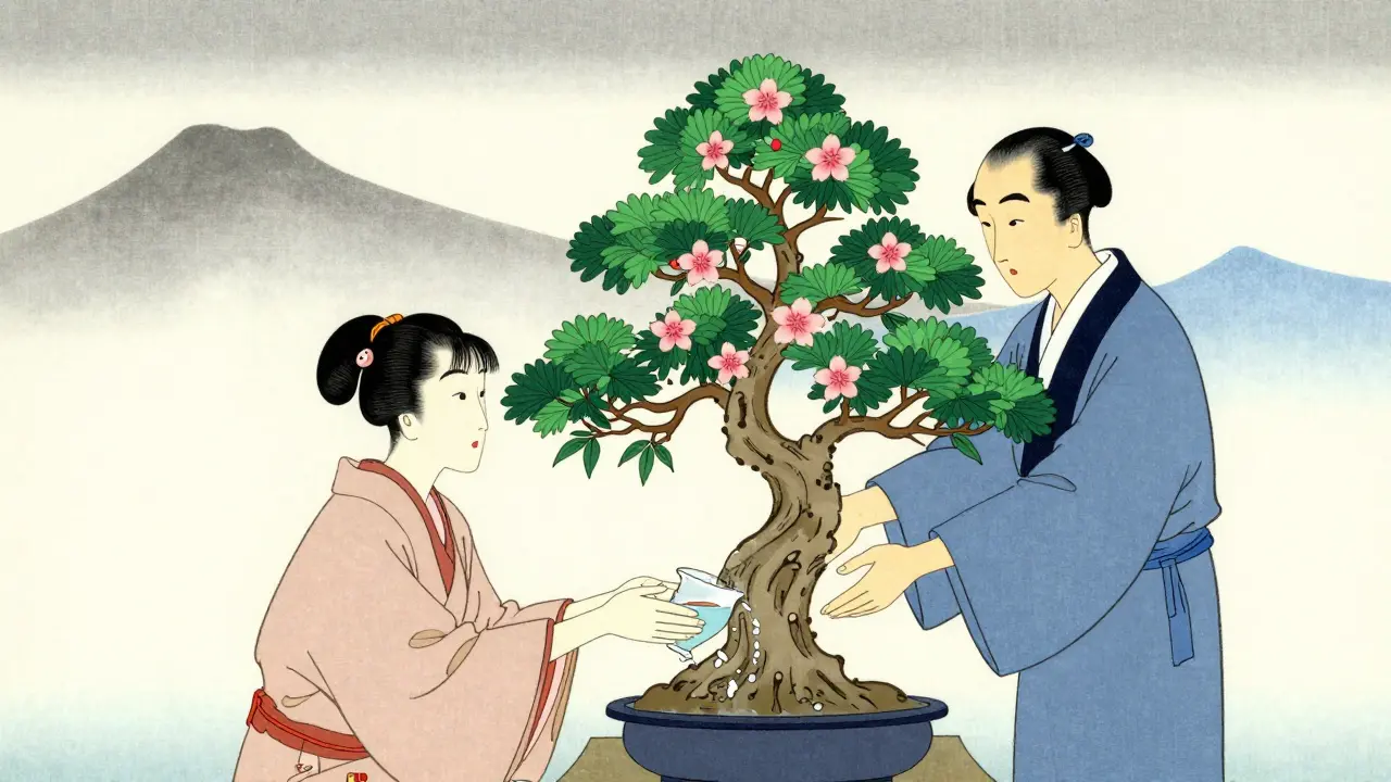 Terapeut a klient pěstují bonsai strom jako symbol terapeutického vztahu.