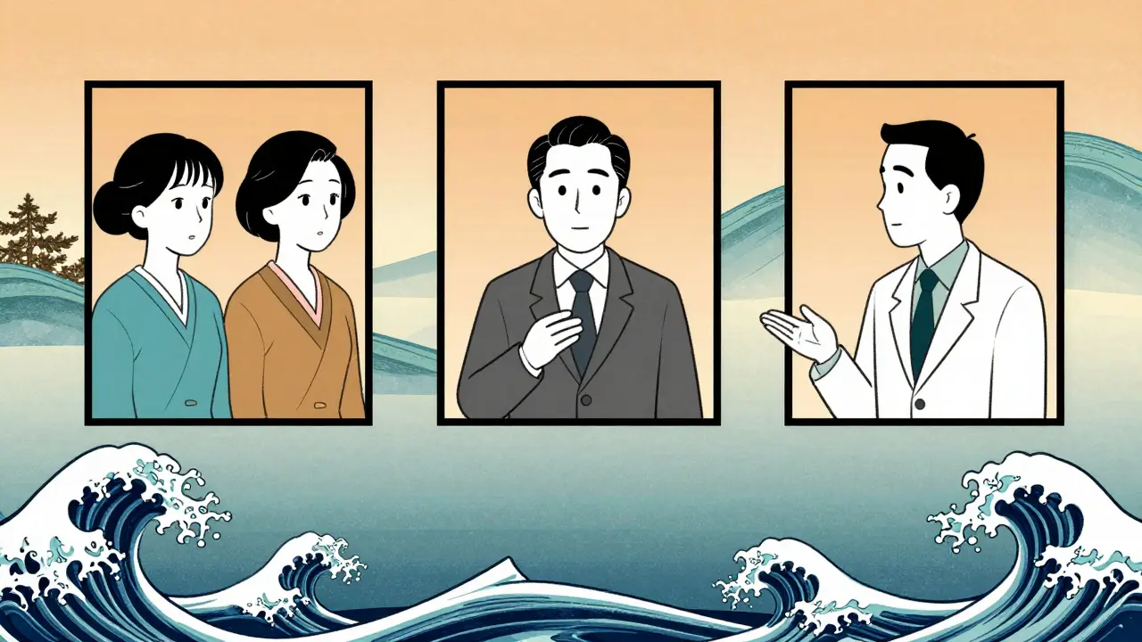Terapeut komunikuje s párem přes tři plavoucí obrazovky v japonském stylu