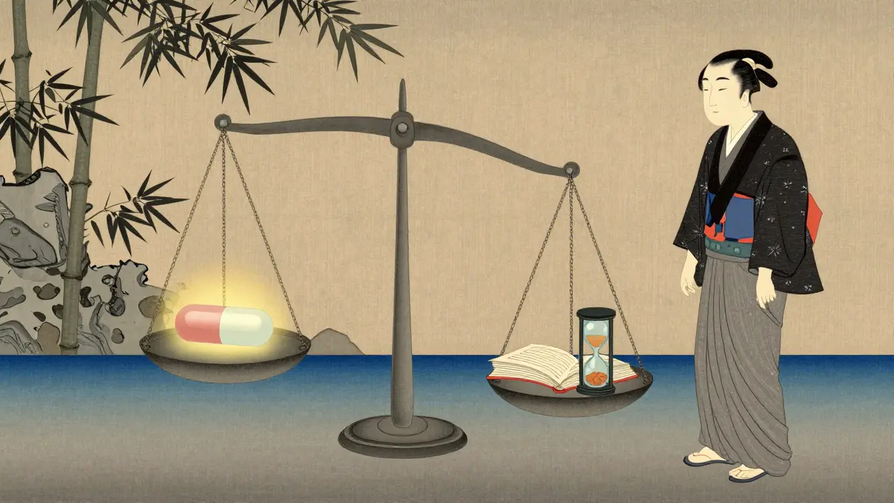 Váhy s pilulkou a knihou v stylu ukiyo-e