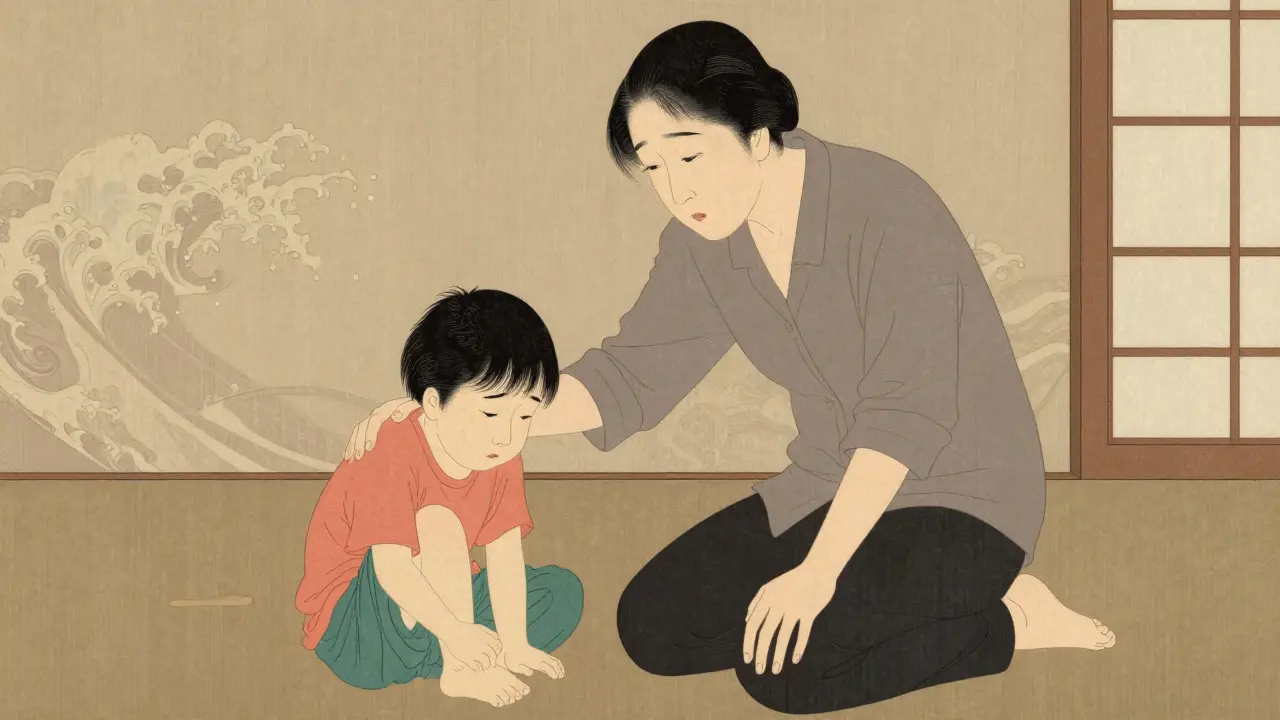 Adult offering silent support to a distressed child in a calm space