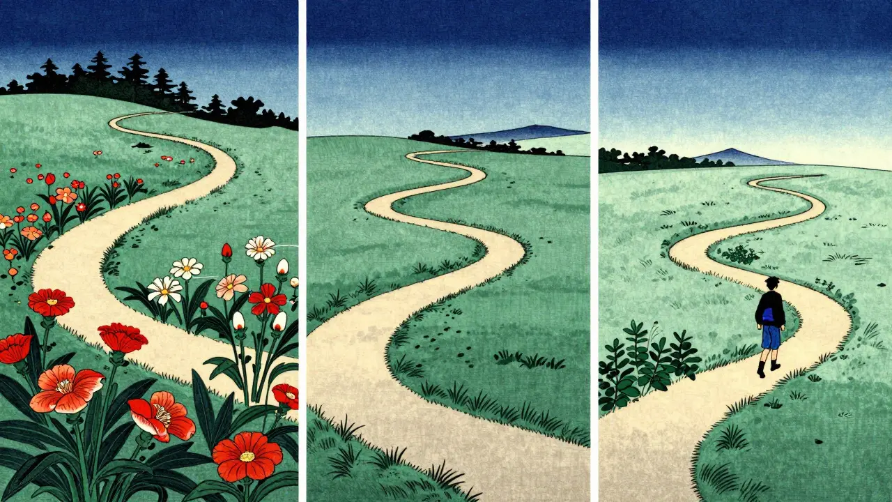 Cesta terapií s různou frekvencí, styl ukiyo-e