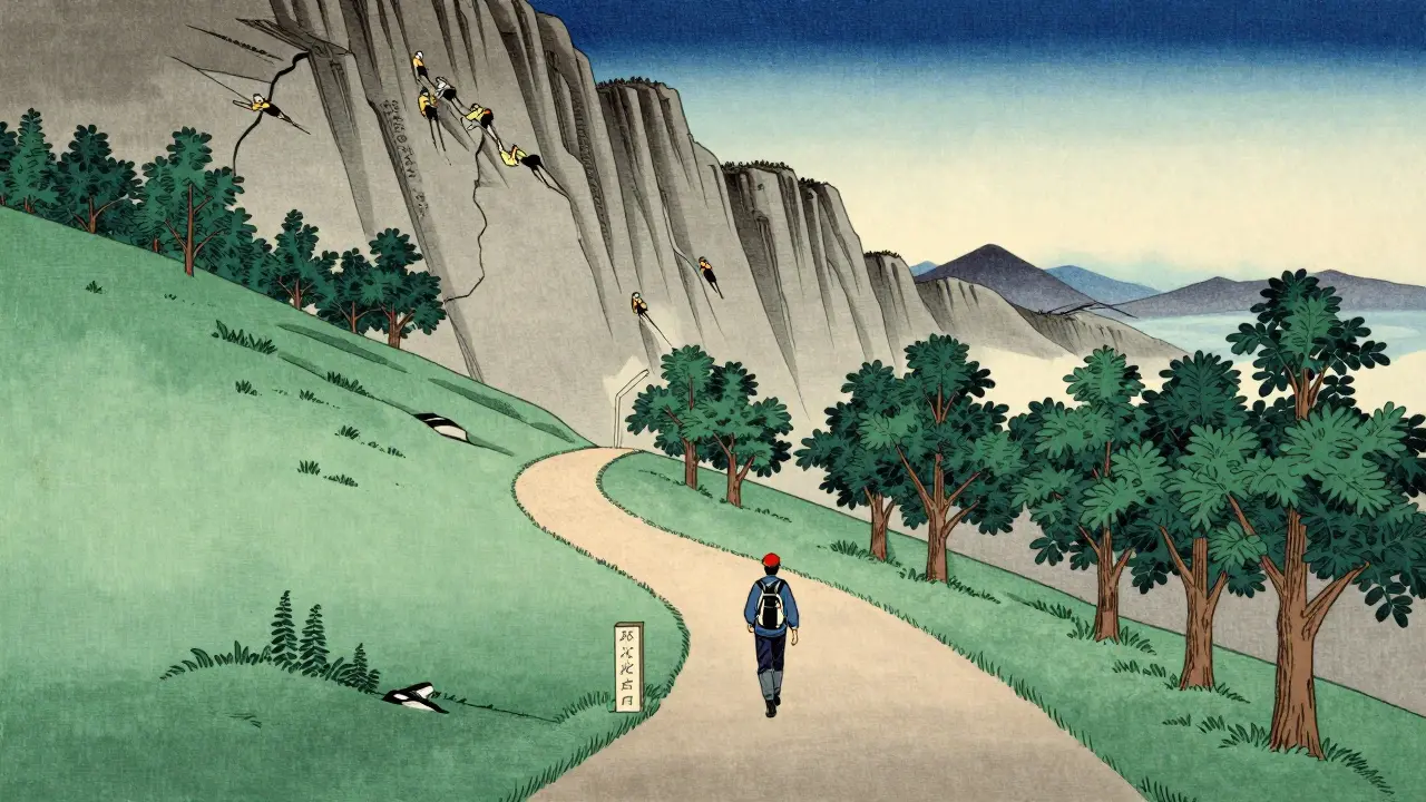 Cesta uzdravení jako mírný svah oproti strmé skále selhání, ukiyo-e styl
