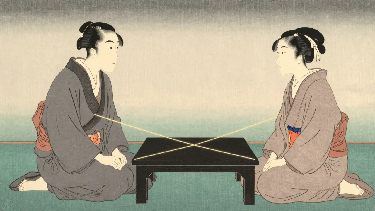 Dvě postavy propojené zlatými nitmi důvěry ve stylu ukiyo-e