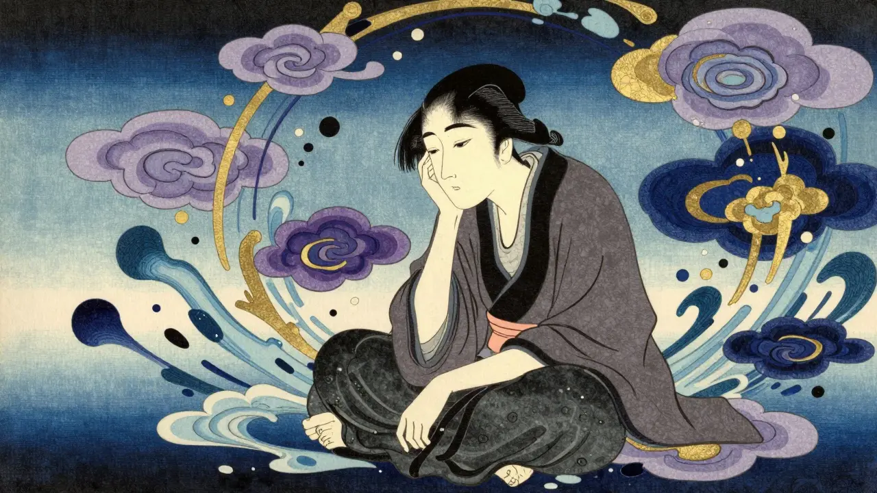 Ilustrace emocí a vzorců v terapii, styl ukijo-e s abstraktními tvary