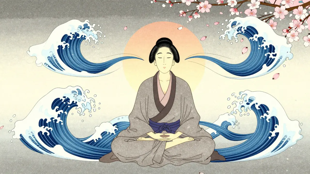 Meditující postava obklopená vizualizací dechu ve stylu ukiyo-e
