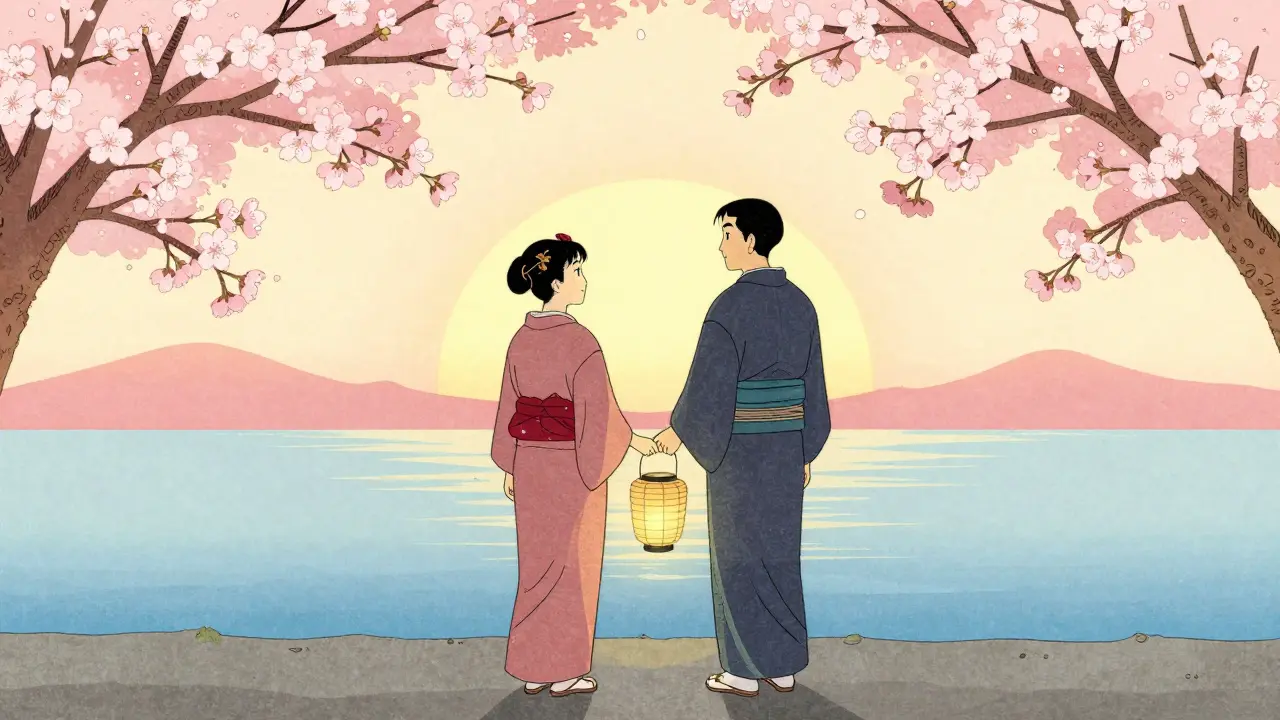 Pár s lampou při východu slunce, symbol obnovy důvěry v stylu ukiyo-e