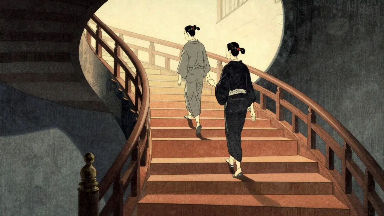 Pár stoupající po spirálovém schodišti do světla, ilustrace uzdravování