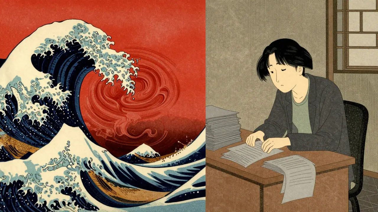 Porovnání sekundárního traumatu a vyhoření v ilustraci ve stylu ukiyo-e