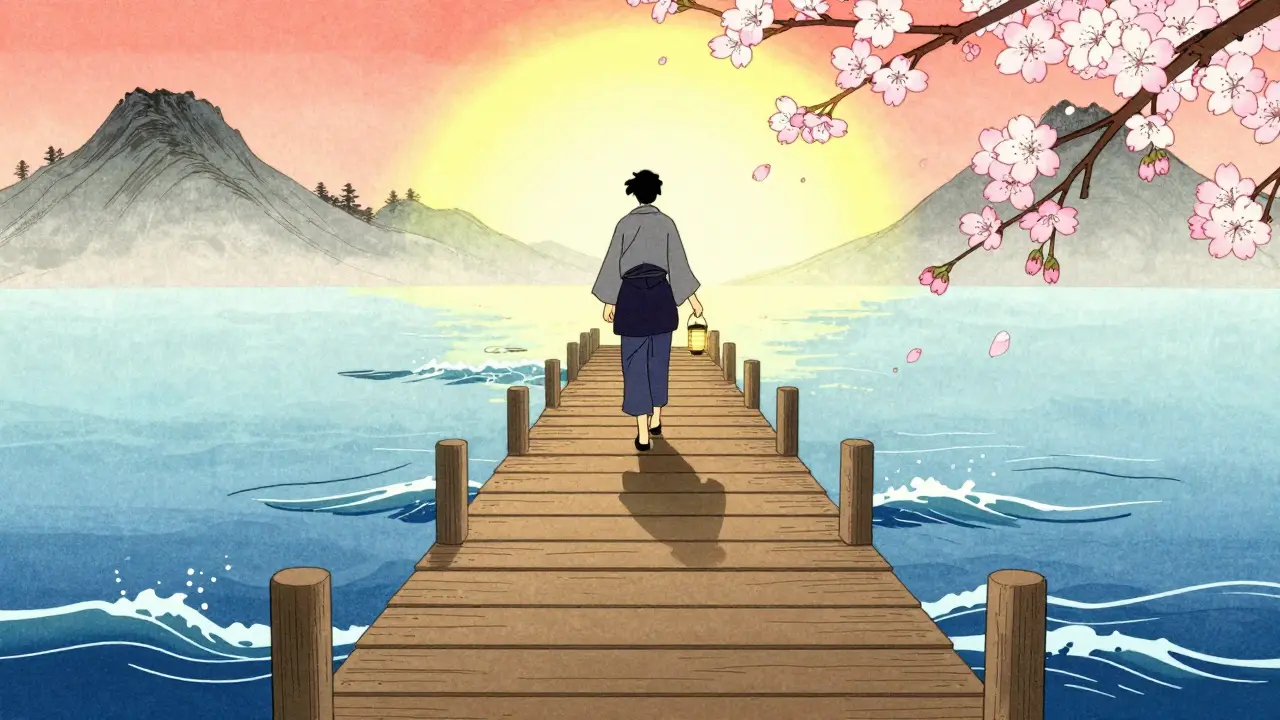 Postava kráčí po mostě nad vodou směrem ke světlu, styl ukijo-e