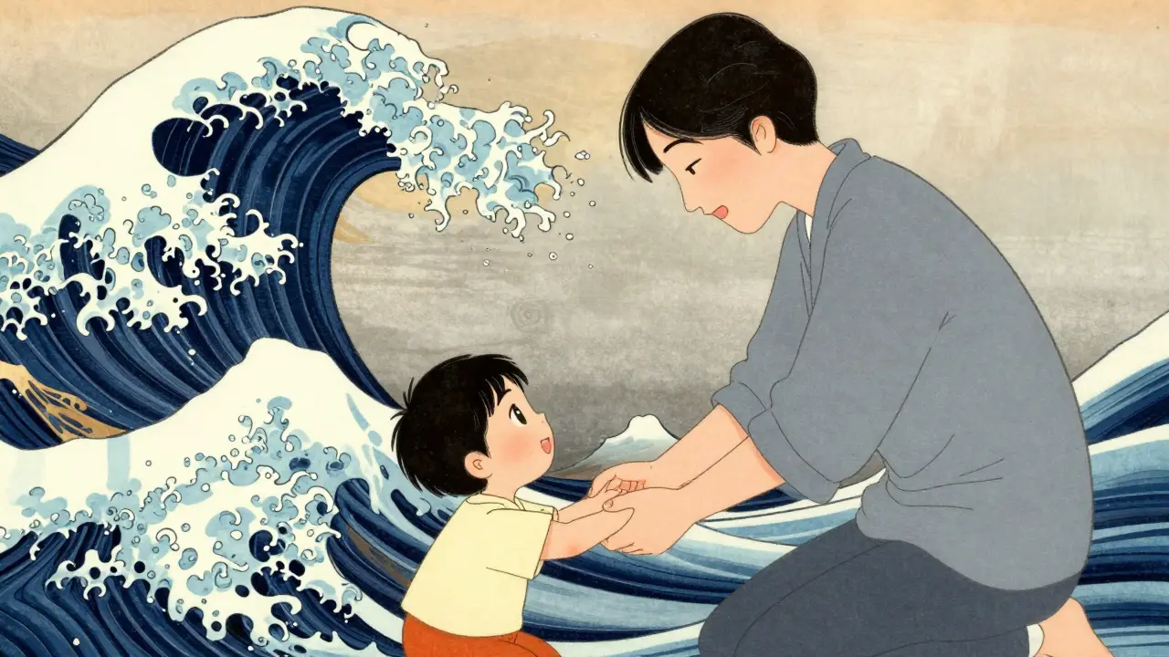 Rodič pomáhá dítěti s emocemi, ilustrace ve stylu ukiyo-e