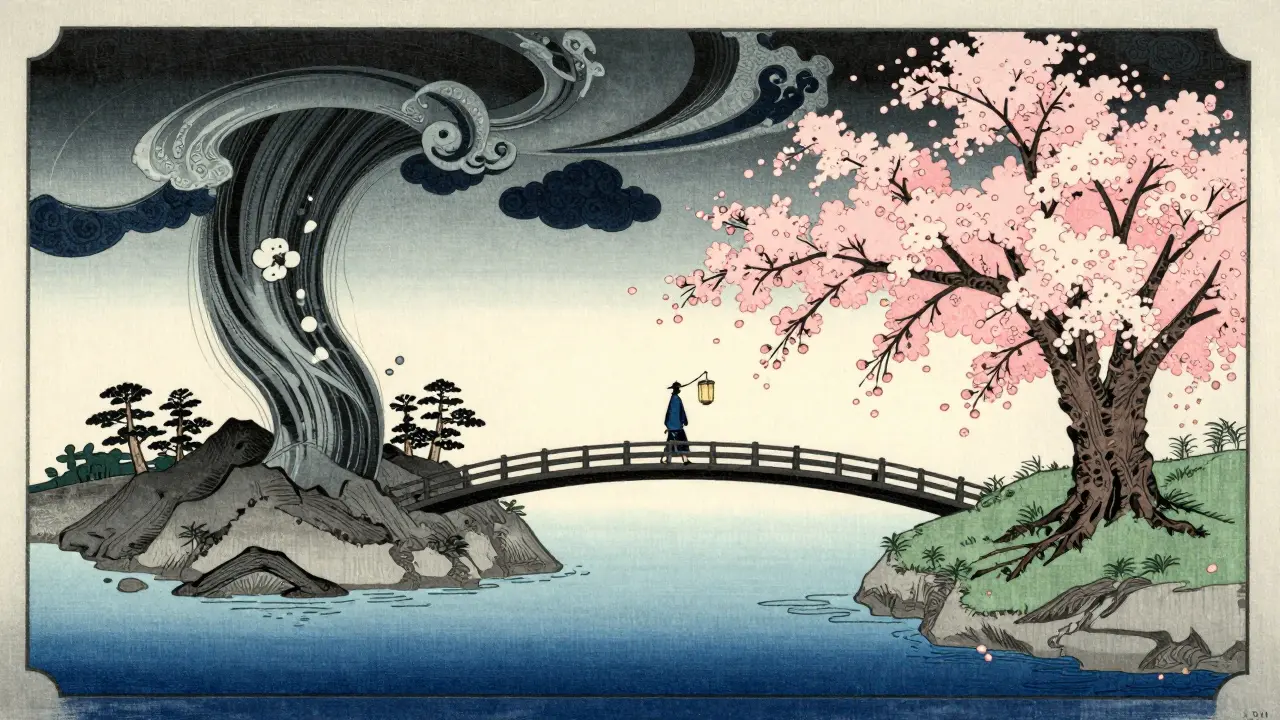 Symbolic bridge leading from crisis chaos to stability and peace