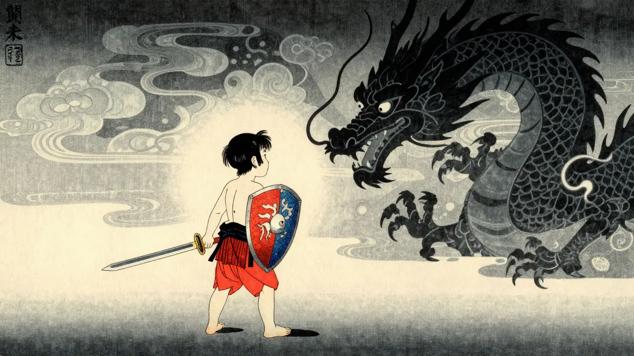 Symbolické zobrazení dítěte bojujícího proti strachu pomocí hraček, japonský styl.