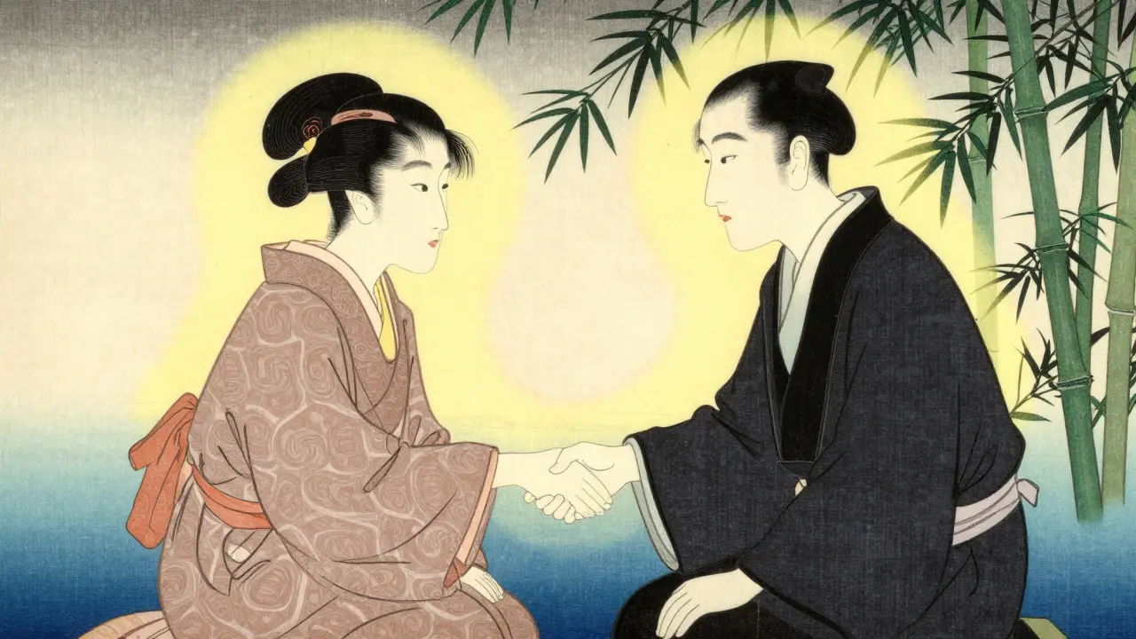 Terapeut a klient si potřásají rukama v klidné přírodě, symbolizující důvěru ve stylu ukiyo-e