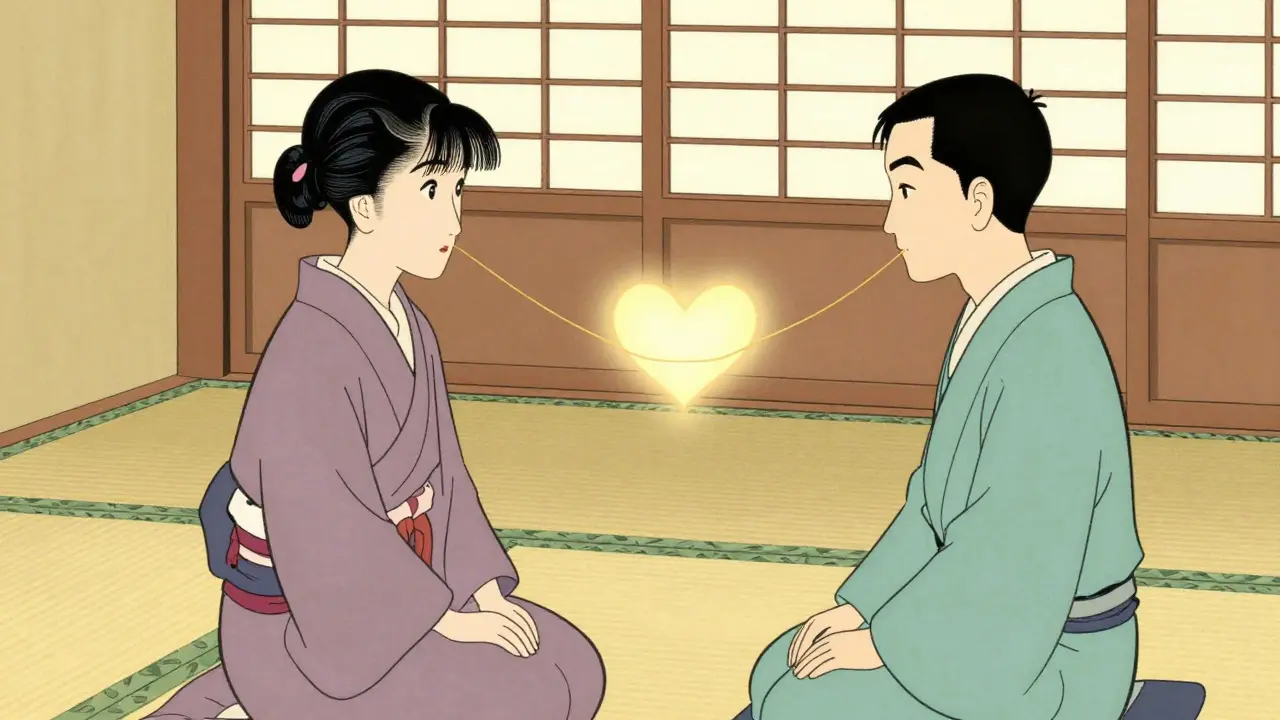 Terapeut a klient spojení důvěrou, ilustrace ukiyo-e