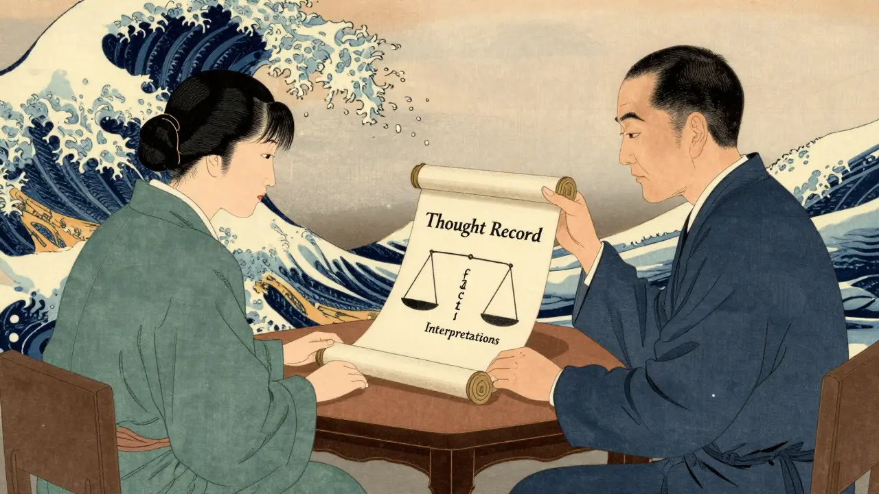 Terapeut a klient studují svitek s váhami faktů a interpretací ve stylu japonské grafiky.