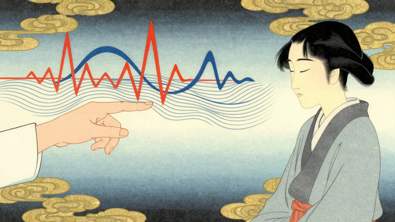 Terapeut provádí bilaterální stimulaci při terapii EMDR v stylu ukiyo-e