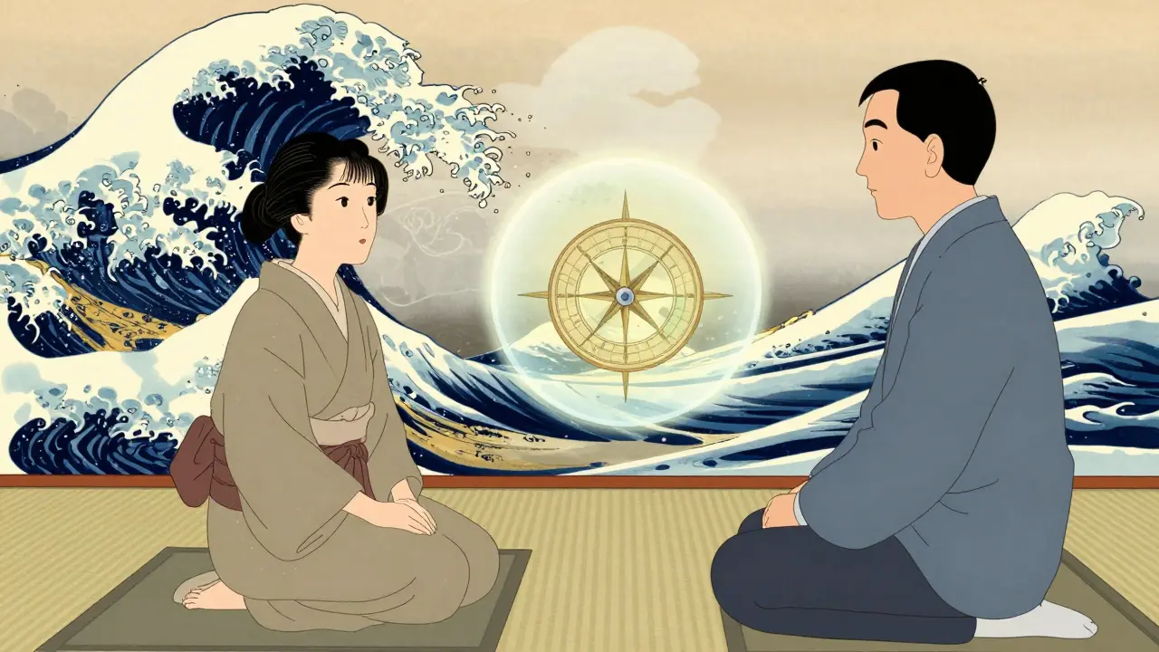 Terapeutická schůzka s plující mapou sebeuvědomění ve stylu Ukiyo-e