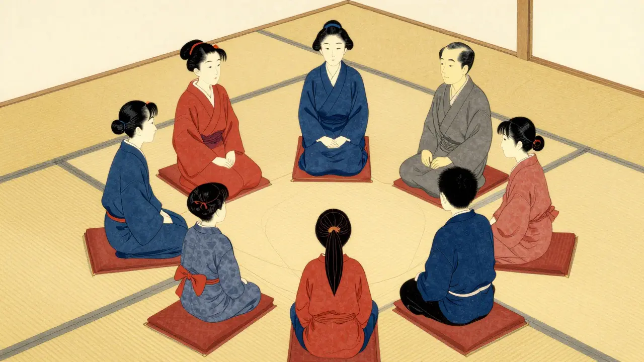 Terapeutické sezení rodiny na tatemi v japonském stylu