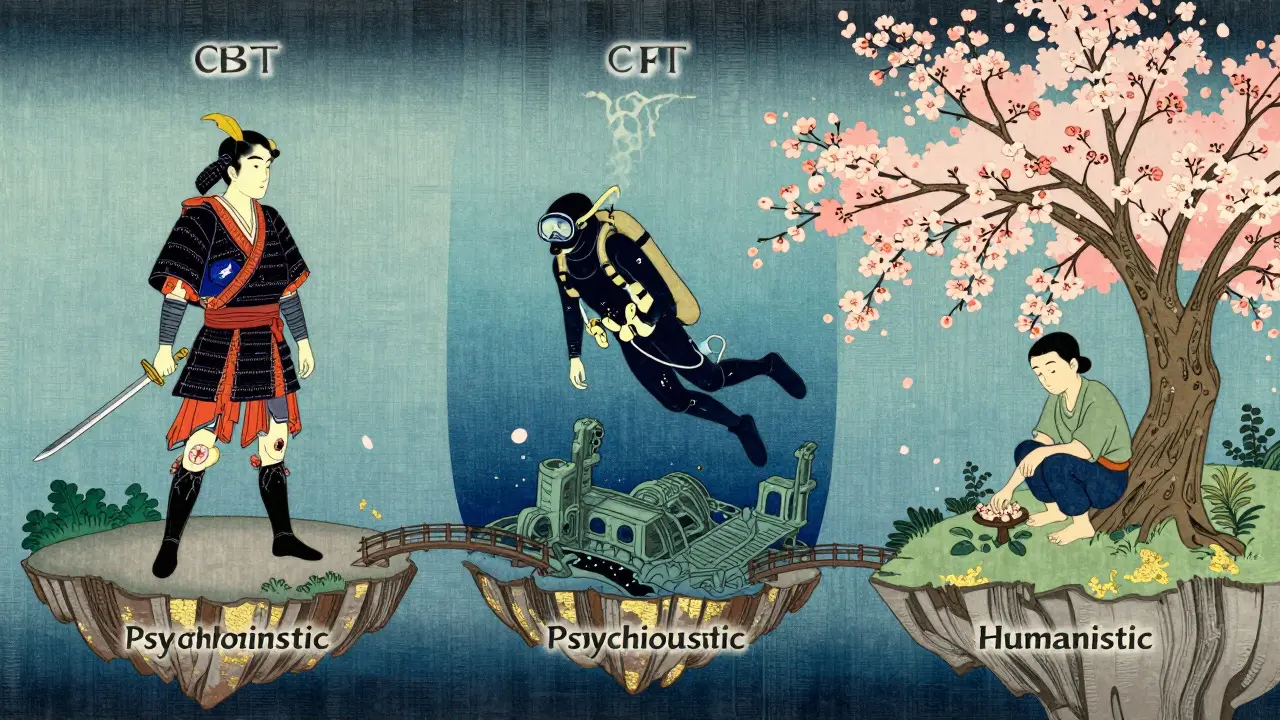 Tři postavy představující různé terapeutické směry v japonském stylu