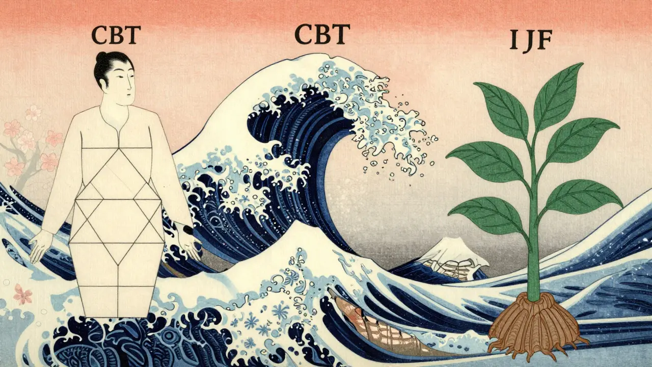 Tři stylizované postavy představující různé směry terapie s podobnou výškou ve stylu ukiyo-e