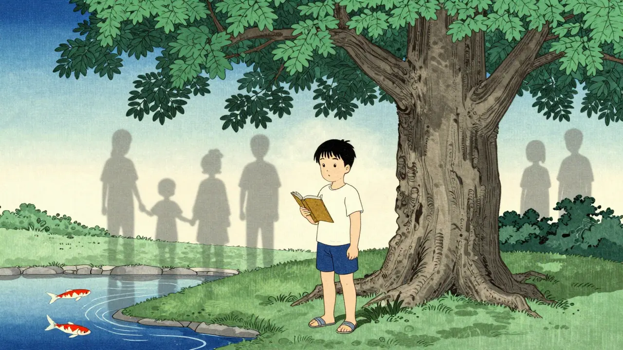 Dítě pod ochranou stromu s knihou v klidné zahradě